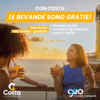 Immagina una vacanza dove puoi bere tutto quello che vuoi, gratis! Un sogno possibile con Costa Crociere e il pacchetto My Drinks, gratuito se prenoti entro il 4 ottobre una fra le moltissime crociere in promo. Corri in Agenzia per tutti i dettagli e prenota!